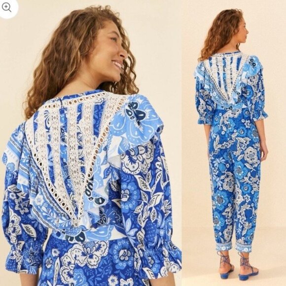 Farm Rio Full of Flowers Linen Ruffle Jumpsuit S Floral Lace Belted Vneck - Picture 2 of 13